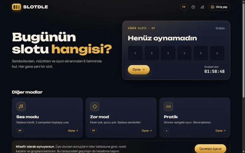 Slotdle ana ekranı: günün slotu ve oyun modları